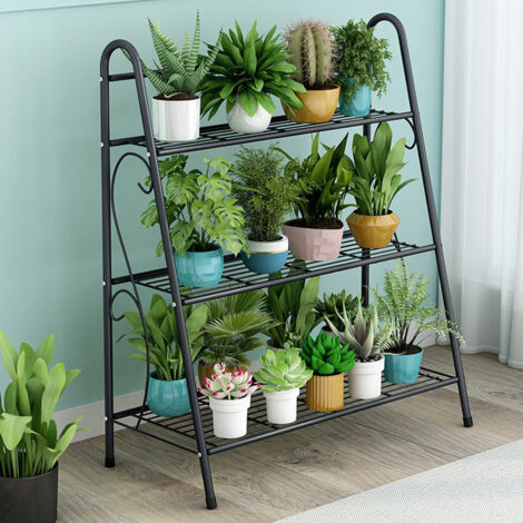 Support de plantes à 3 niveaux en métal - Pour l'intérieur et l'extérieur - Échelle décorative peu encombrante - Pour salon, balcon, jardin - Noir