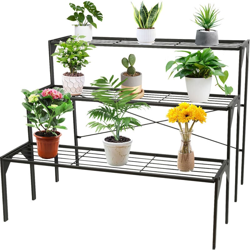 Support de plantes en métal à 3 niveaux, support pour pot de fleurs, étagère extérieure jardin,métal, 85 x 65 x 66 cm,noir