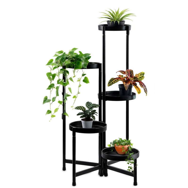 Spetebo - Support de plantes en métal à 5 étages - 80 x 47 cm - Étagère à fleurs noire pliable