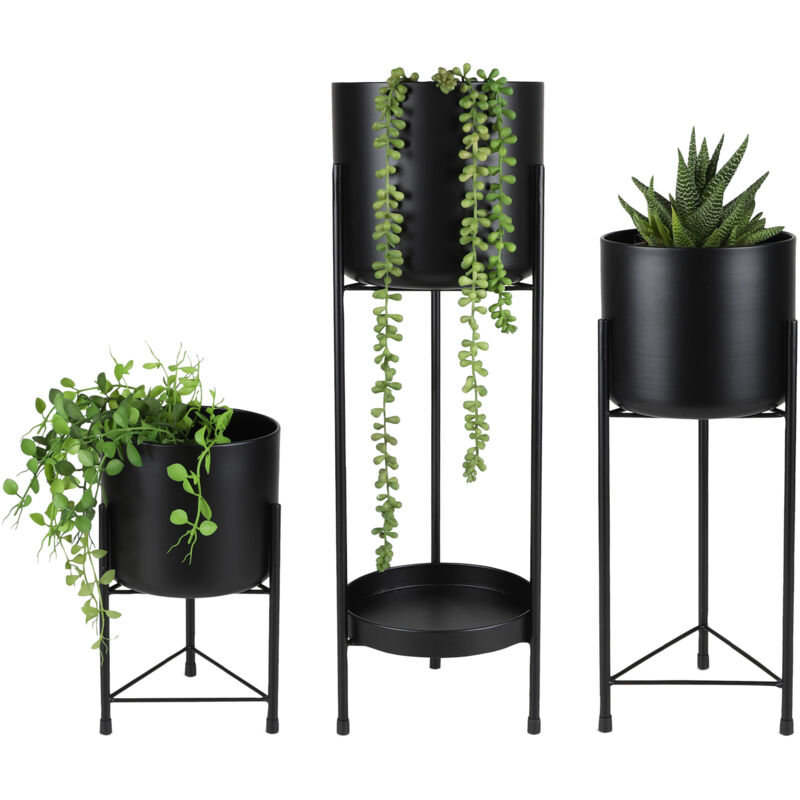 Support de plantes en métal noir, ensemble de 3 - 60 / 45 / 30 cm - Tabouret de fleurs avec pot amovible