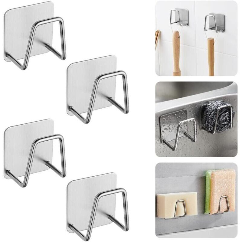 4 PCS Porte-Éponge Autocollant en Acier Inoxydable 5 5 3.2cm Porte Eponge Cuisine Evier Crochet Autocollant Adhesif Noir Support Eponge Evier Cuisine