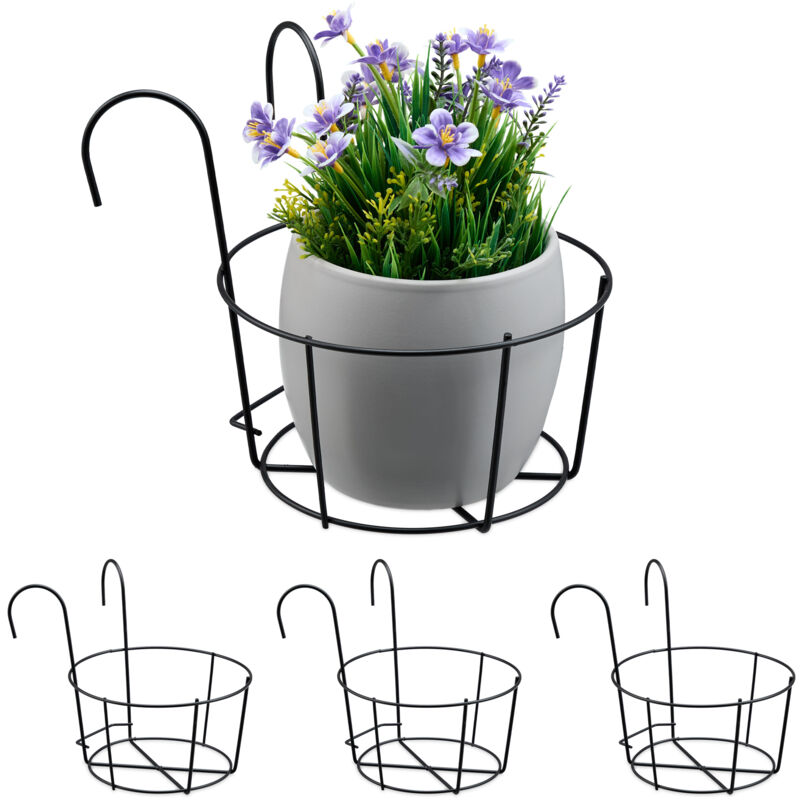Support à pots de fleurs, lot de 4, porte-pot, pour rambarde du balcon, HxLxP : 21x20x26 cm, métal, noir - Relaxdays