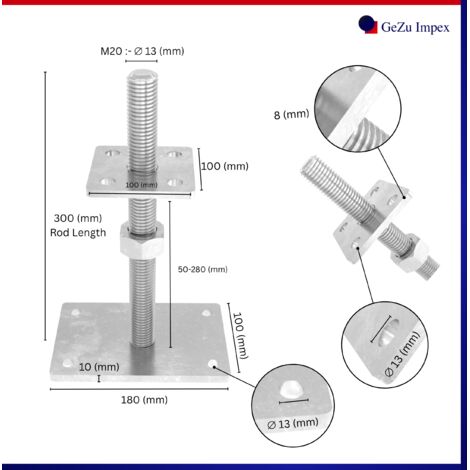 Support de poteau réglables à écrou libre 100 x 100 mm 50–280 mm – Galvanisé électrolytique – Socle surélevé – GeZu Impex