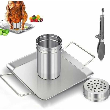 Support de poulet pour canette de bière pour barbecue, support de rtissoire de poulet barbecue en acier inoxydable avec lèchefrite Rtissoire vertical de poulet à la bière pour barbecue ou fum, acce