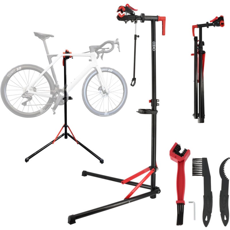 Oxeo - Support de réparation pour vélo - Tête de serrage rapide - Rotation 360° - Pied atelier vélo - 3 Outils de nettoyage