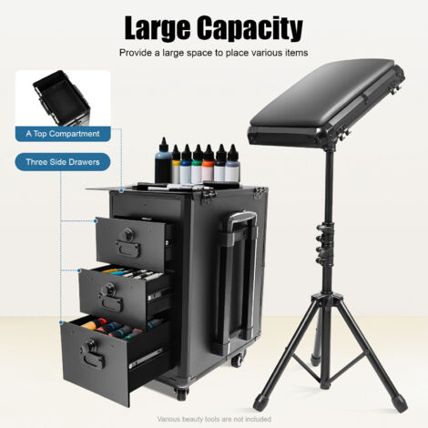 Support de repos noir Mallette à roulettes pour tatouage Valise de maquillage portable avec accoudoirs pour tatouage Mallette de maquillage avec 4 roulettes universelles Support d'accoudoir réglable e