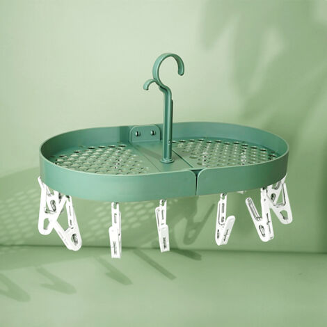 Support de séchage rotatif 360° avec crochets pliables, idéal pour maison et dortoir, vert foncé