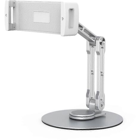 Support de tablette à bras long avec pince, conçu pour les tablettes et les ordinateurs de bureau.