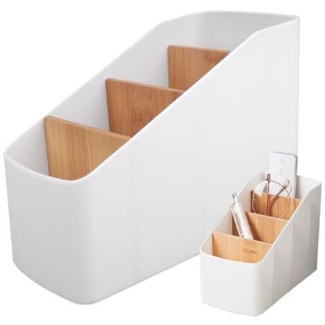 Support de Télécommande, Boîte De Rangement De Bureau avec 4 Poches, Amovible Télécommande Compartiments Boîte De Rangement en Bois pour Télécommandes, Papeterie, Stylos