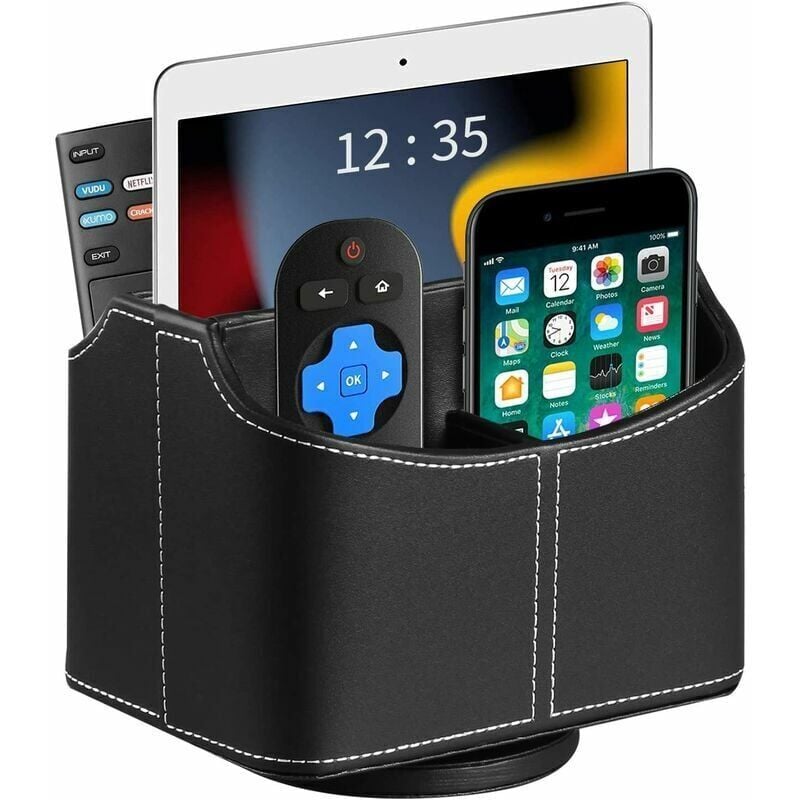 Lauwexe - Boîte de rangement-télécommande rotatif à 360° en cuir - rangement avec 5 compartiments pour télécommande tv téléphone portable et stylo