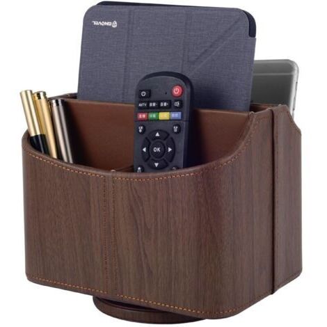 Support de télécommande rotatif à 360 ° - 5 pièces - En cuir synthétique - Organiseur multifonction de bureau - Boîte de rangement pour iPad Mini/stylo/téléphone/médias (café profond)