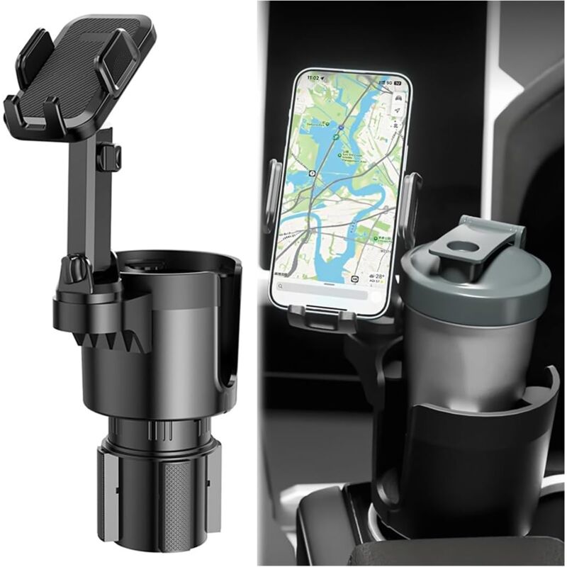 Support De Téléphone 2 en 1 Multifonction Porte Gobelet, Porte Gobelet Boisson De Voiture avec Téléphone Montage, Base Réglable 360 ° Rotatif Porte