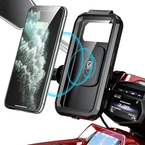 Support de téléphone avec chargeur sans fil étanche Qi/Type C PD 15 W pour moto, base en L et miroir