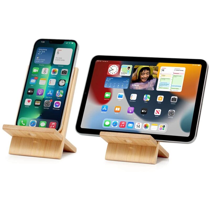 Support de téléphone bureau en bambou avec port de chargement, pour iPhone, iPad, tablette, tous téléphones.