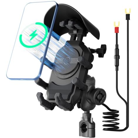 Support de téléphone pour moto avec chargeur sans fil 15 W et chargeur rapide PD/USB-C USB Anti-vibration et antivol Support de téléphone pour moto avec pare-soleil pour motos