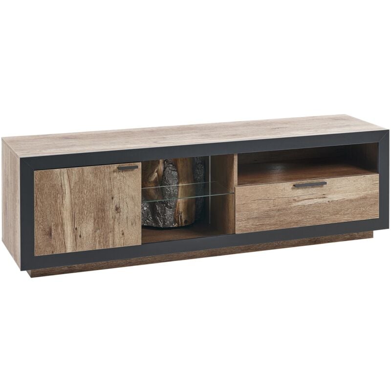 Beliani - Support de Télévision Spacieux Teinte Bois Clair et Noir 51 x 160 x 42 cm à led Marana