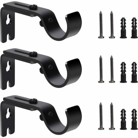 Support de Tringle à Rideau Réglable, 3 Pcs Supports Murale en Métal avec Vis et Chevilles pour Tringle à Rideau Fixation de Maison Chambre Bureau, Noir