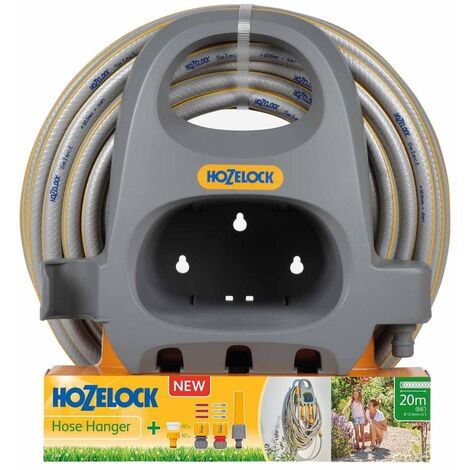 Support de tuyau mural Hozelock avec 20m de tuyau de jardin, raccord et pulvérisateur de jardin