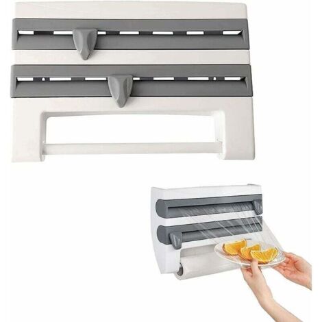 Support Dérouleur Triple Murale Pour Film Alimentaire Papier Aluminium Et Serviettes Avec Coupeur Gris