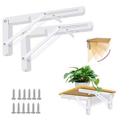 Support d'étagère pliable en 2 pièces - 20 cm, fixation murale facile, support triangulaire, blanc