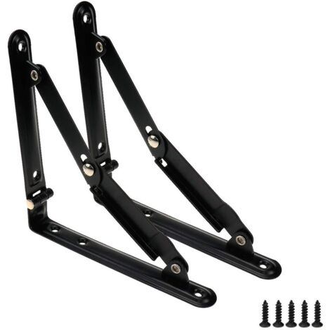 Support d'Étagère Pliant Triangulaire 6 Pouces - Lot de 2, Métal Robuste, Peu Encombrant avec Vis, Noir, Rangement Mural