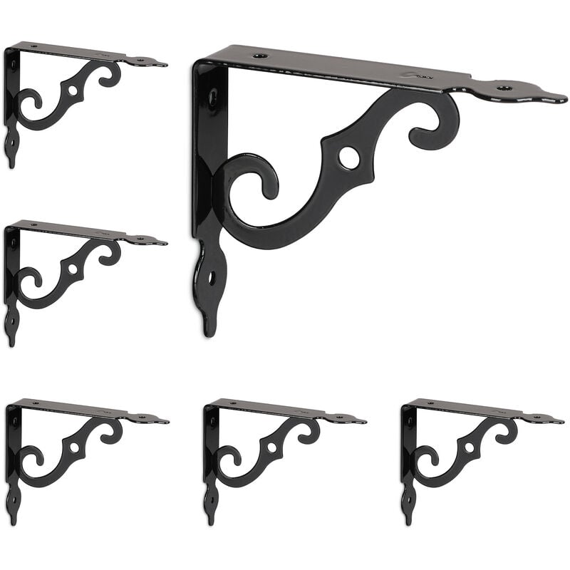 Relaxdays - Lot de 6 équerres murales, supports pour le mur, métal, cornières à fixer, HxLxP : 11x2,5x14 cm, noir