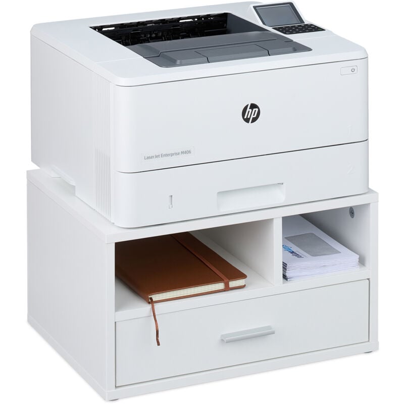 Support d'imprimante, avec 1 tiroir et 2 compartiments, hlp : 22 x 40 x 30 cm, pour le bureau, blanc - Relaxdays