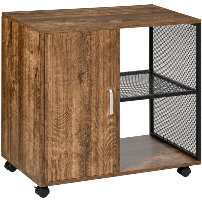 Support d'imprimante - caisson organiseur bureau - placard porte, 2 niches, grand plateau - panneaux particules coloris boisé métal noir - Homcom