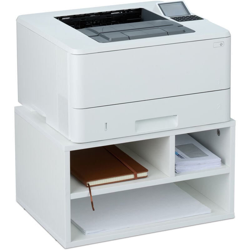 Support d'imprimante, 3 compartiments pratiques, h x l x p : 22,5 x 40 x 30 cm, pour le bureau, blanc - Relaxdays