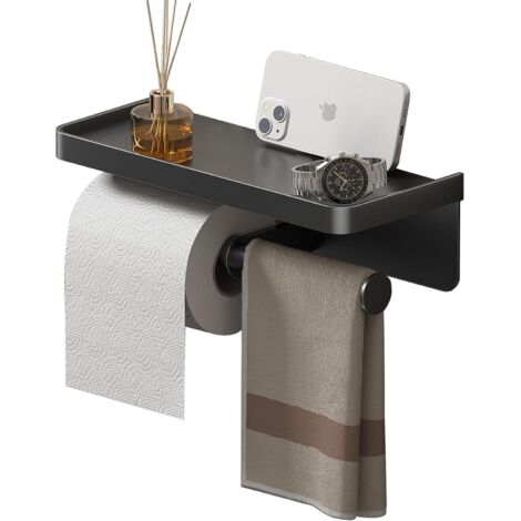 Support double rouleau de papier toilette avec étagère, mural adhésif sans perçage, finition noir mat, adapté salle de bain, cuisine et camping-car