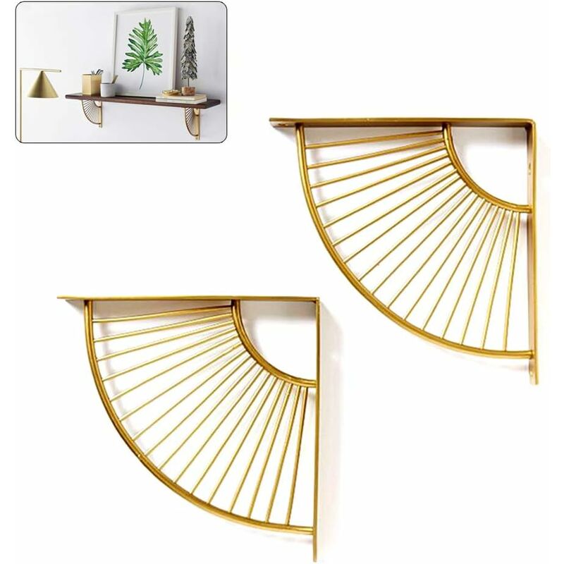 Fei Yu - Support D'étagère Triangle en Forme D'éventail Doré en Métal Flottant,Lot de 2 Support D'angle Mural de Rayonnage Suspendus pour Décoration