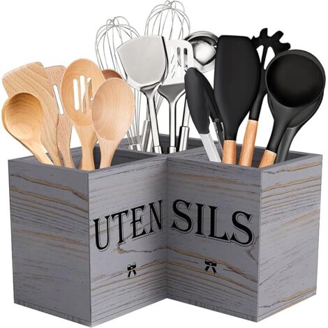 Support d'ustensiles de cuisine extra large avec 3 compartiments, panier à ustensiles d'angle pour comptoir, organisateur d'ustensiles en bois pour comptoir de cuisine,Grain grey