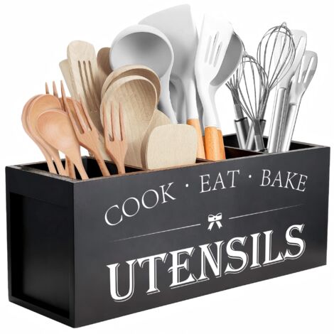 Support d'ustensiles de cuisine extra large avec 4 compartiments, organiseur d'ustensiles en bois pour comptoir, décoration de cuisine rustique, noir