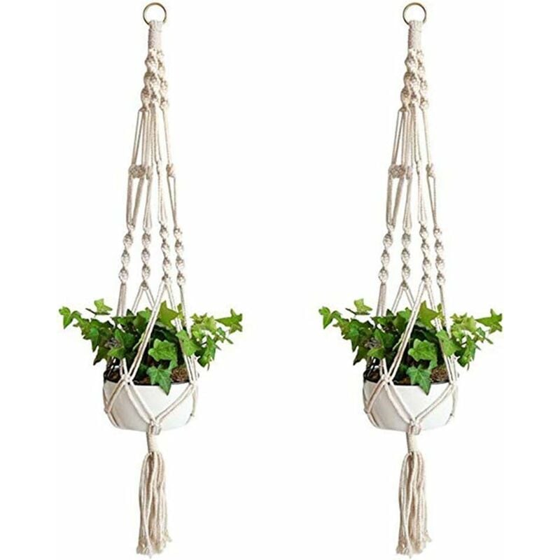 Qiyao - Support et plateau pour jardinière 2 pièces cintre pour plantes, panier suspendu en macramé corde de coton panier suspendu cintre de fleurs