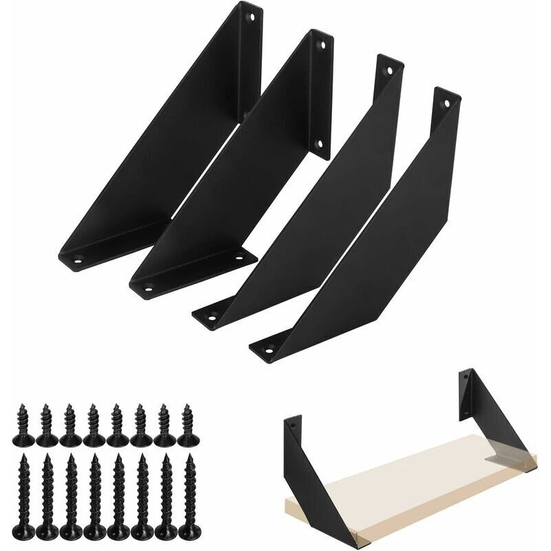 Support Etagere Metal Noir 10cm 4 pièces, Equerre Etagere Murale Équerres Étagère Robuste, Support d'étagère à 90 degrés Support Mural