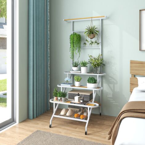 Support Étagère pour Plantes sur Roulettes en Métal Treillis Barre de Suspension Étagères à Lattes 80x85x175,5cm Blanc CW6736 Maison Chic