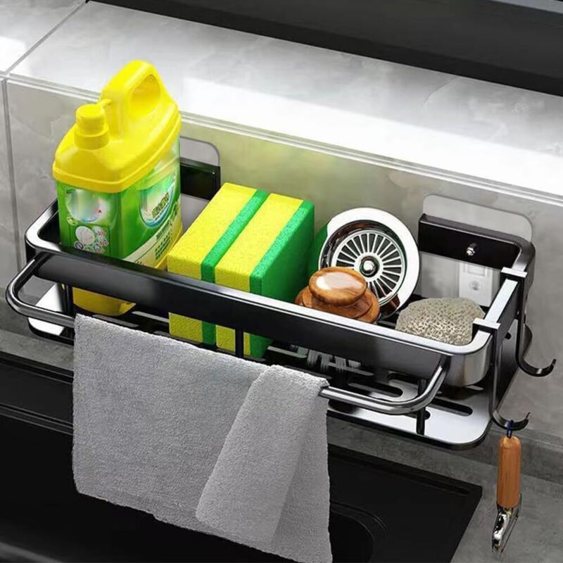 Support Évier Cuisine Multifonction, Organisateur de Douche avec Porte Serviettes et Crochets pour Accessoires de Salle de Bain