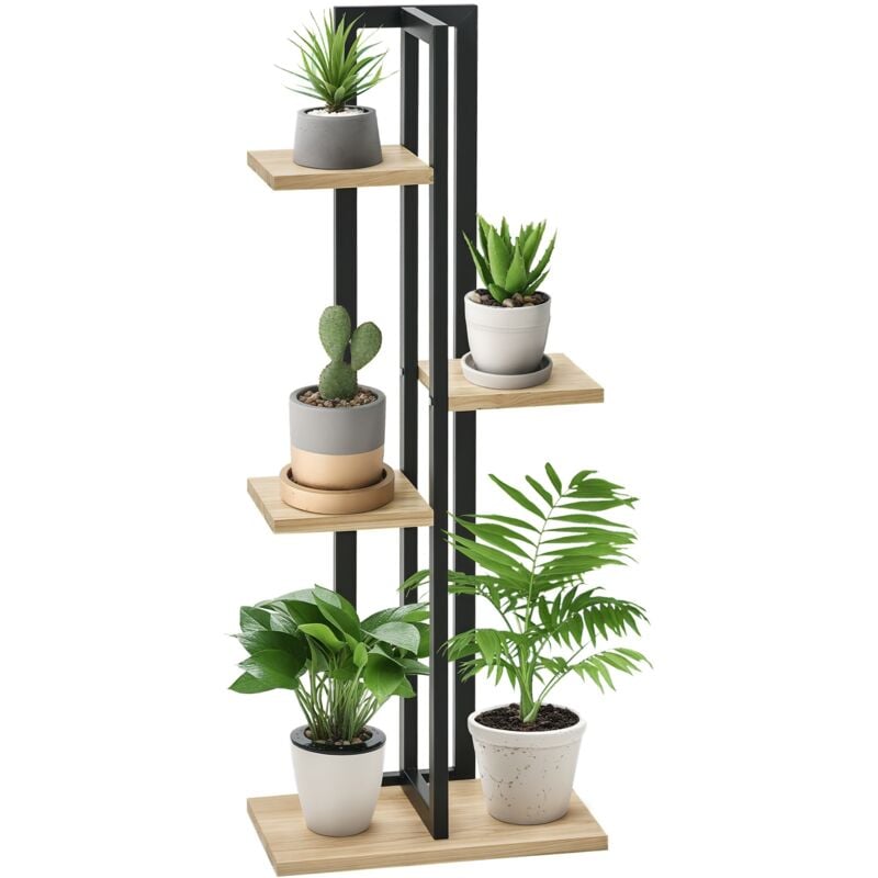 Support à fleurs style industriel 4 niveaux - porte plante 4 étagères - métal époxy noir bois sapin