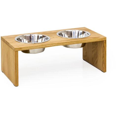 Support gamelles chien en chêne massif, surélevé, fait main, 2 bols inox, antidérapant, pour chiens de taille moyenne