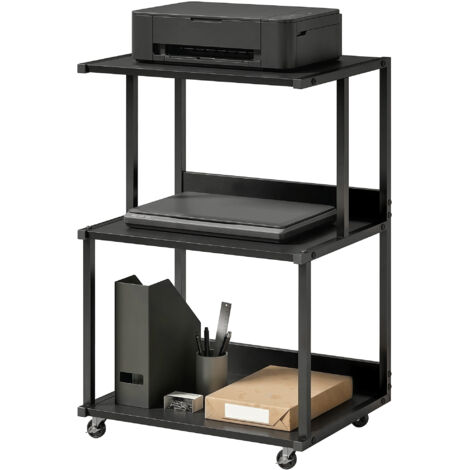 Support imprimante 3 niveaux avec roulettes, table industrielle en métal pour bureau, noir.