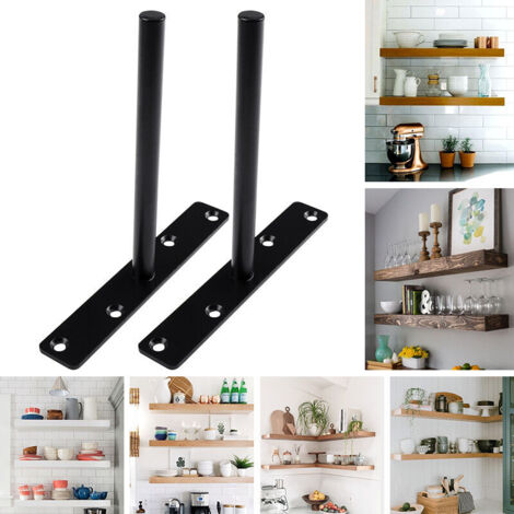 Support invisible pour étagère flottante, étagère métallique, fixation dissimulée robuste, noir, 15 cm, 4 trous, 2 pièces - AquaForge