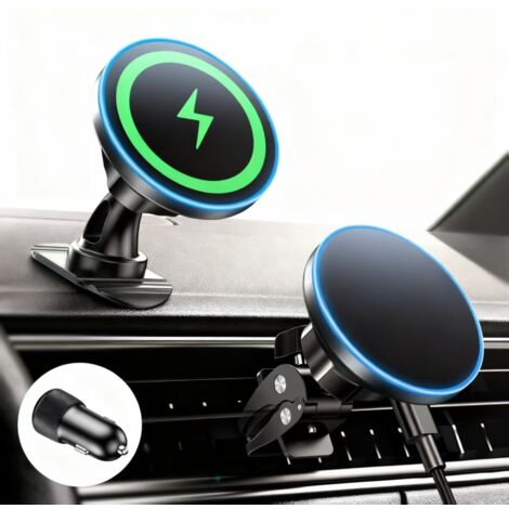 Support Magnétique Pour Voiture - Chargeur Sans Fil MagSafe 15 W - Compatible iPhone 12 à 17 Pro Max Samsung S24 S25 - Fixation Ventilateur ou Tableau De Bord - 1 Pièce