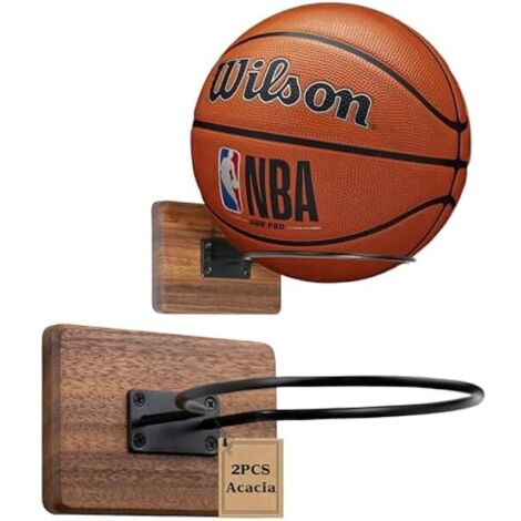 Support Mur Pour Ballon - Bois D Acacia Et Cadre En Acier Carbone - Compatible Avec Ballons De Basketball Football Volleyball Taille 4 À 7 - Support Mural De Rangement Et Affichage