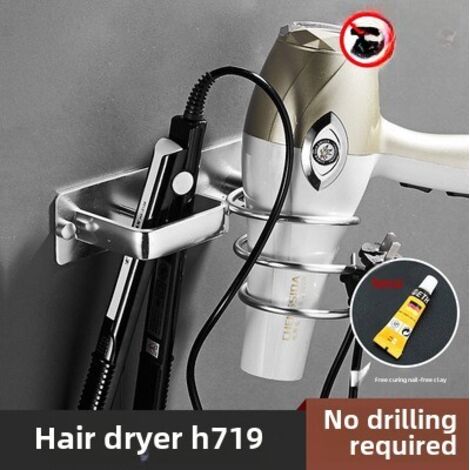 Support mural argenté pour sèche-cheveux, sans perçage, en aluminium spatial, pour lisseur et fer à friser dans la salle de bain.