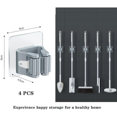 Support mural autocollant BundiGlassware, gris, pour balais et serpillères, cuisine et salle de bain, en plastique acrylique, avec rouleau nervuré, pour manches de 2,0 à 3,5 cm de diamètre.