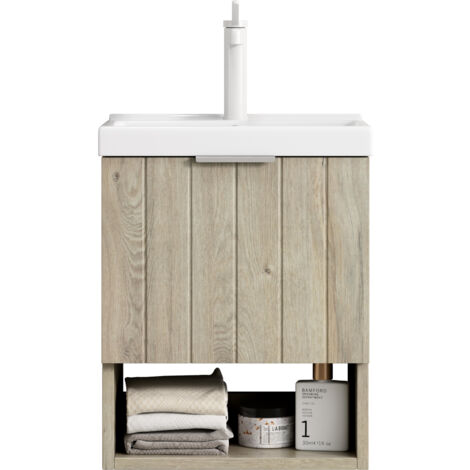 Support mural de 42 cm pour lavabo de salle de bain avec lavabo en céramique rectangulaire blanc, armoire rayée avec double portes et étagère ouverte, couleur veinure bois chêne crème