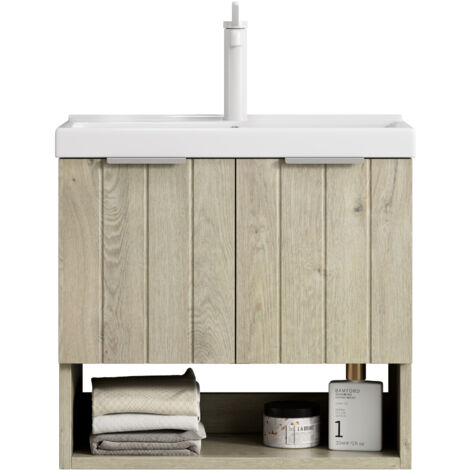 Support mural de 55 cm pour lavabo de salle de bain avec lavabo en céramique rectangulaire blanc, armoire rayée avec portes doubles et étagère ouverte, couleur veinure bois chêne crème
