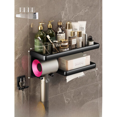 Support mural élégant pour sèche-cheveux en aluminium spatial noir avec boîte à mouchoirs, sans perçage, pour salle de bain.