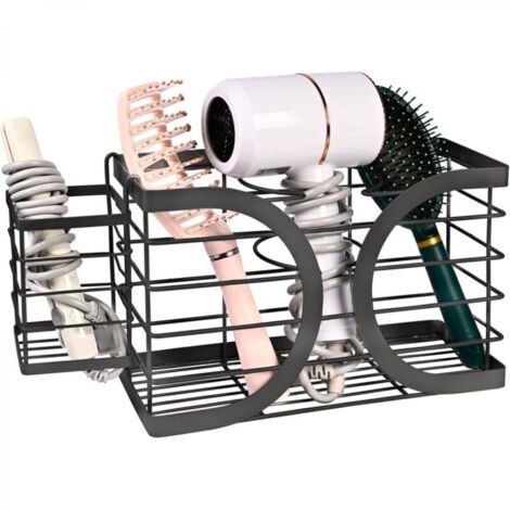 Support mural élégant pour sèche-cheveux noir - Organiseur de salle de bain élégant pour sèche-cheveux, lisseur, brosse à cheveux et accessoires