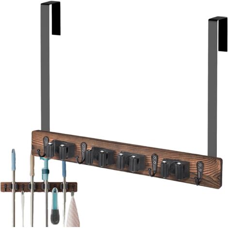 Support mural en bois pour balais, étagère de rangement pour produits d'entretien ménager, porte-balais avec crochets, solution de